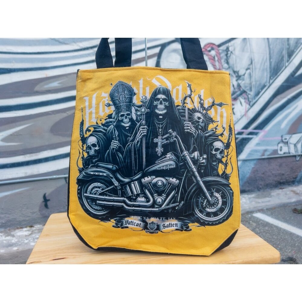 HARLEY DAVIDSON Hattcat Vintage Tote Bag - Yellow With Retro Graphic Print